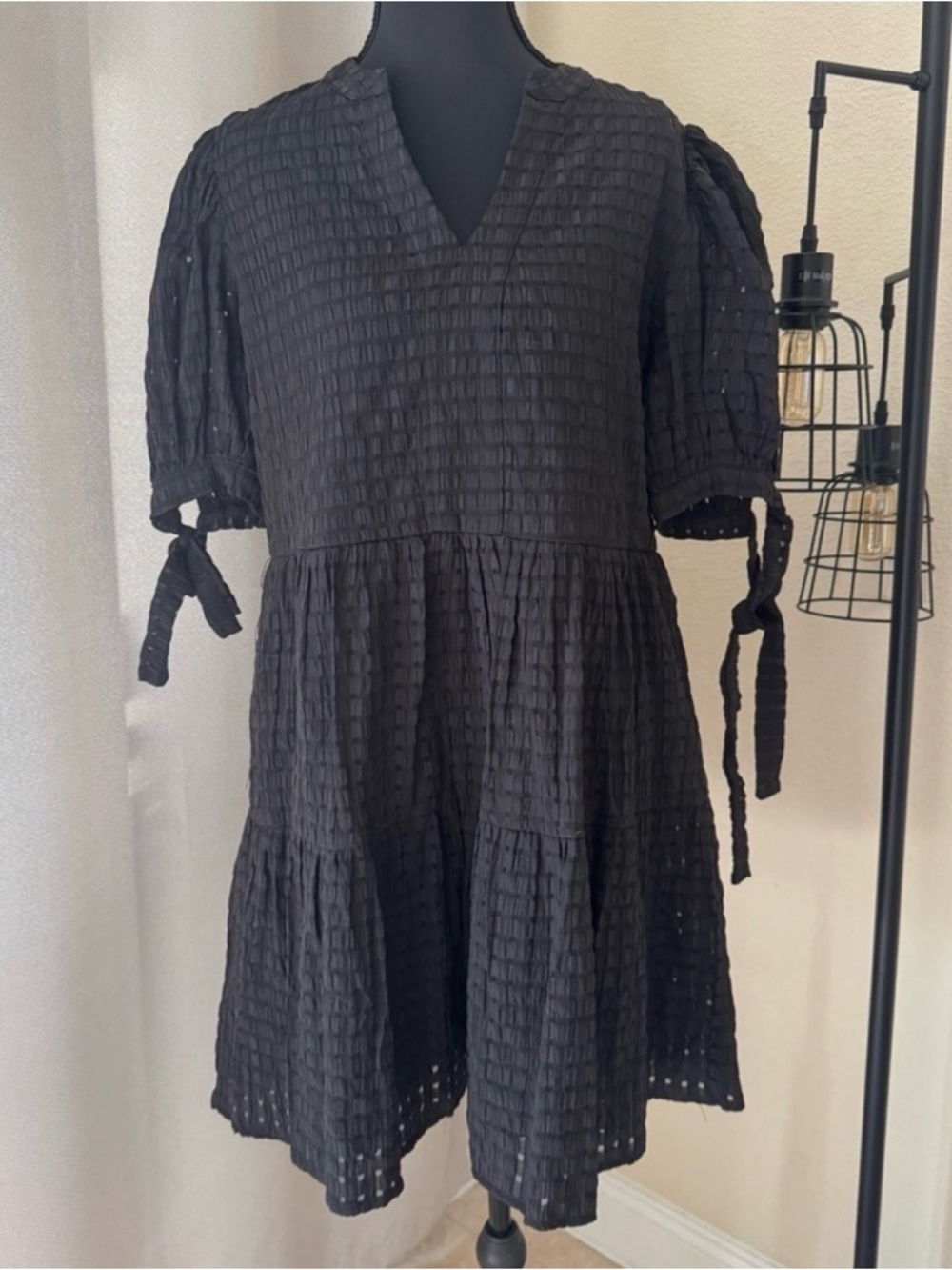 Pinch Mya Black Mini Dress Tie Sleeve Textured Babydoll Size M - Picture 2 of 8